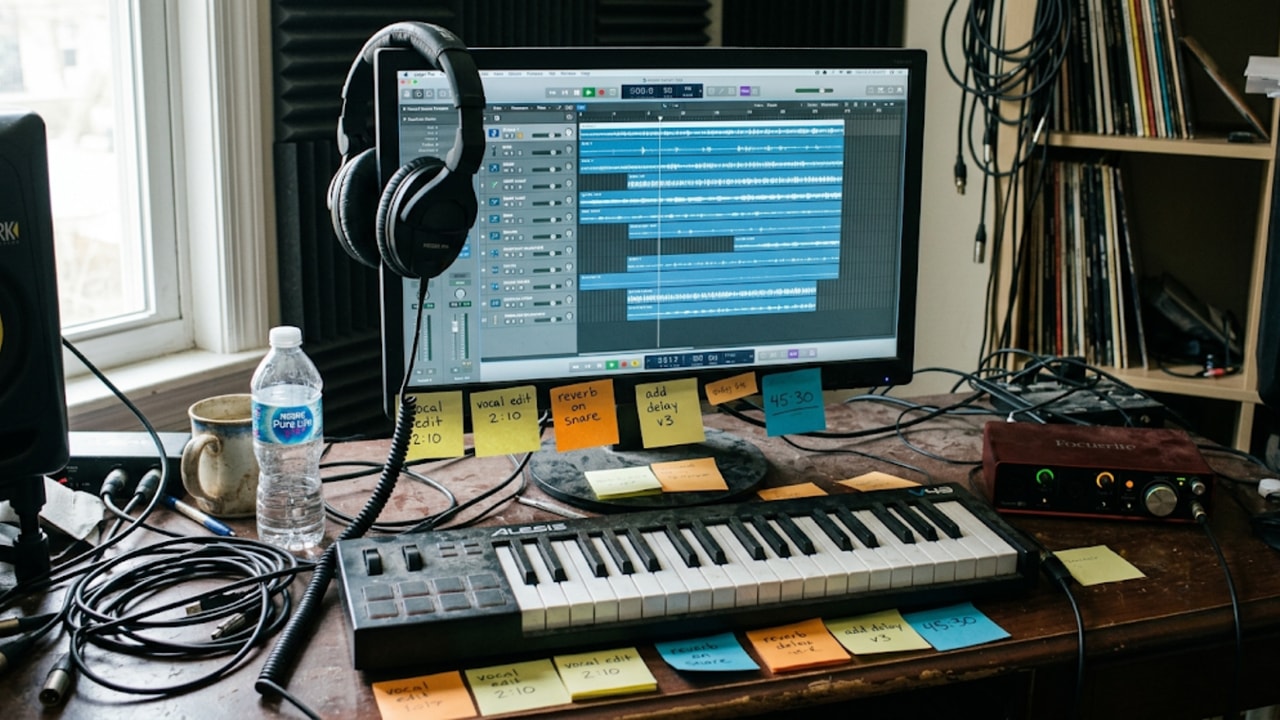 Studio desk — headphones, audio interface and a waveform glowing on the monitor