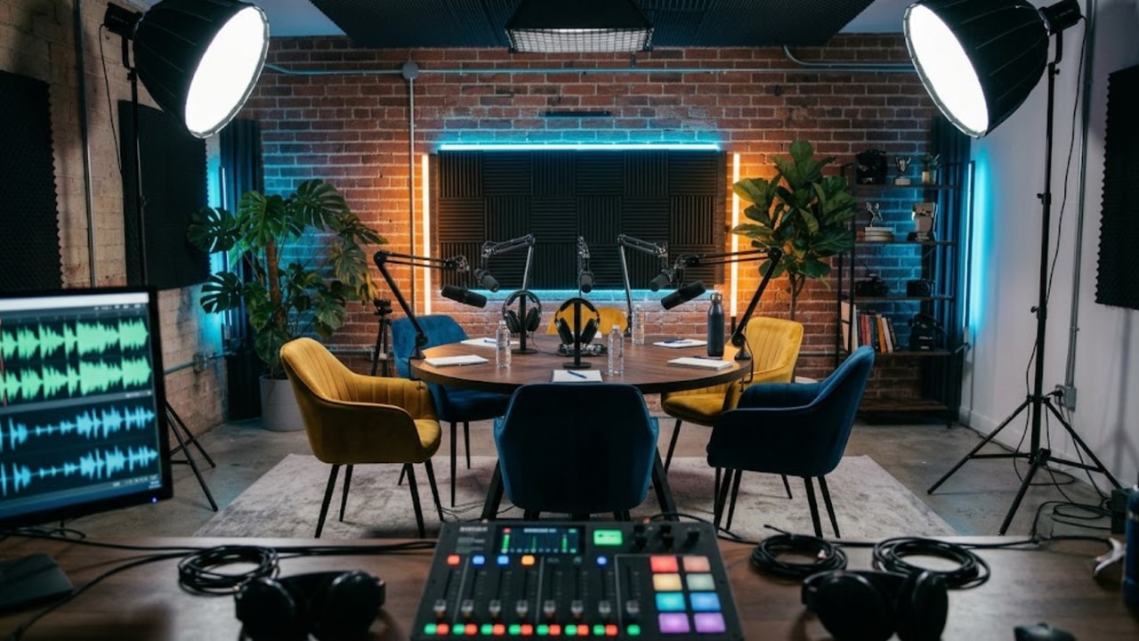 The Sound Fader studio set — round table with mics, dressed and lit in blue and amber
