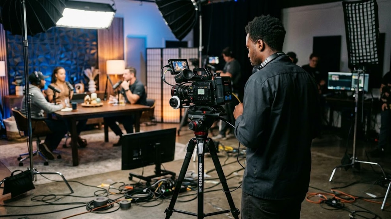Camera operator framing a cinema camera toward a lit studio set